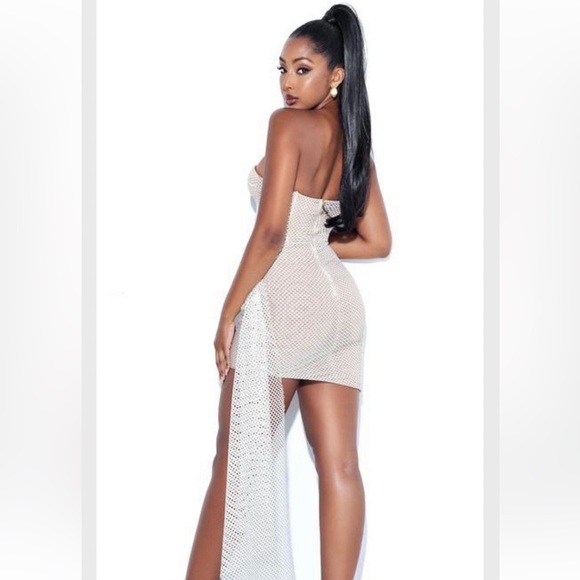 Cream Deep V Mesh with Gold Sparkle Tie Front Draped Mini Dress - NWT - Picture 2 of 6